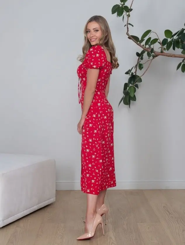 Women's Floral Halter Dress with Square Collar & Bubble Sleeves — feature 5