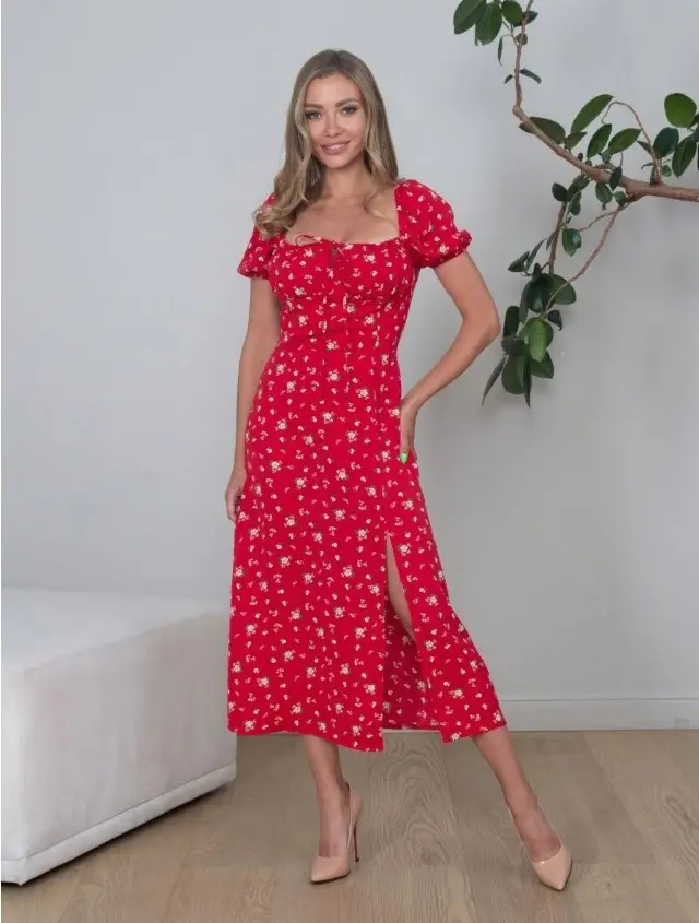 Women's Floral Halter Dress with Square Collar & Bubble Sleeves — feature 6