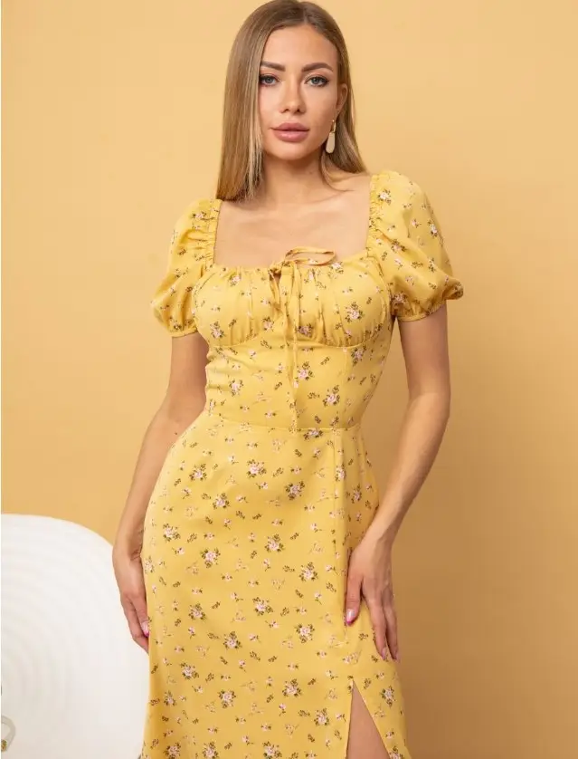 Women's Floral Halter Dress with Square Collar & Bubble Sleeves