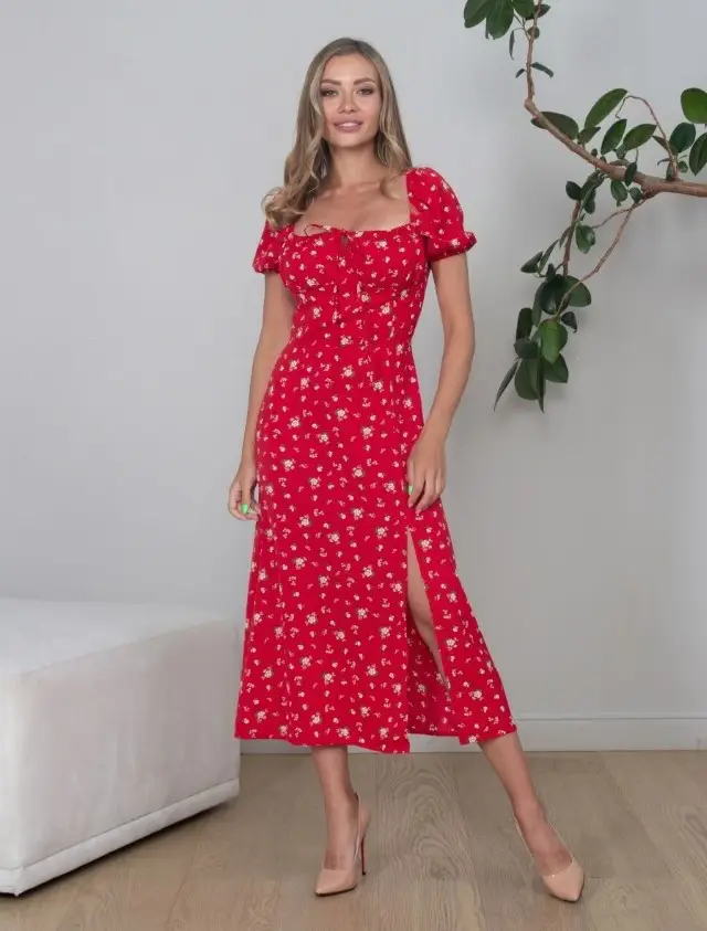 Women's Floral Halter Dress with Square Collar & Bubble Sleeves