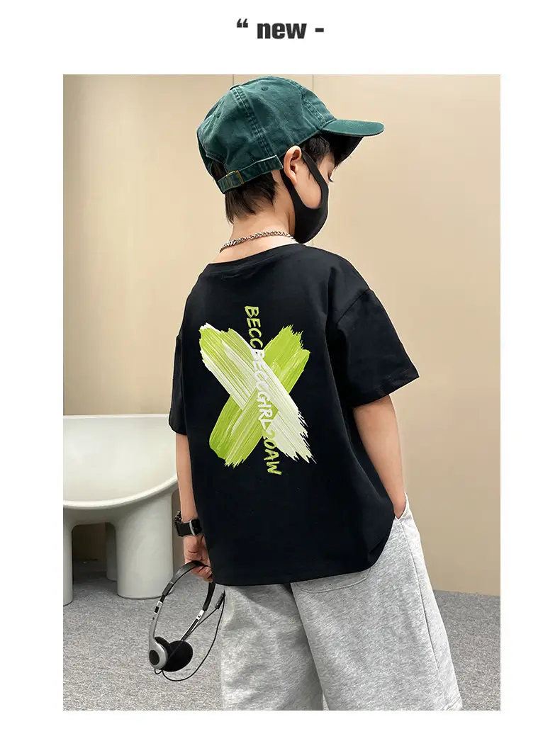 Boys Black Graphic Cotton T-Shirt Loose Fit Summer Casual — feature 16