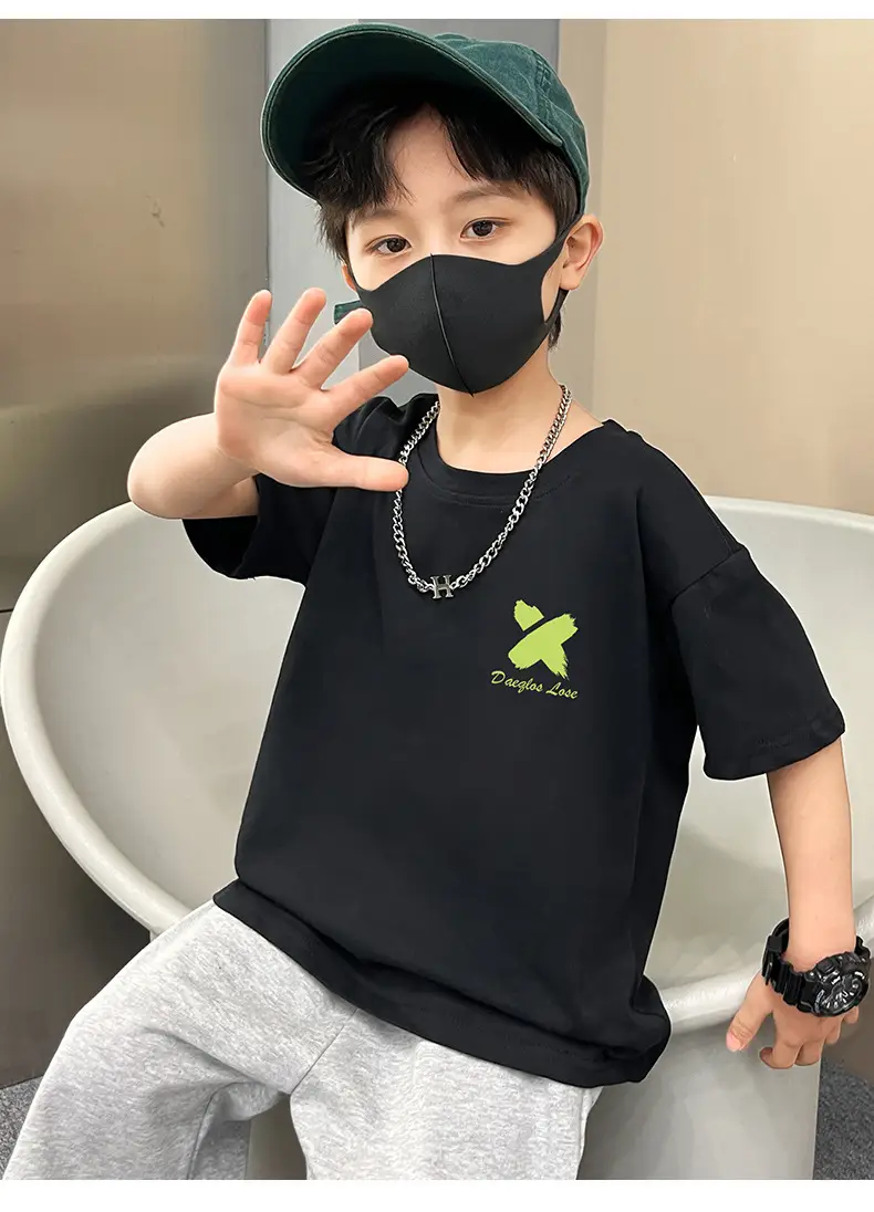 Boys Black Graphic Cotton T-Shirt Loose Fit Summer Casual — feature 8