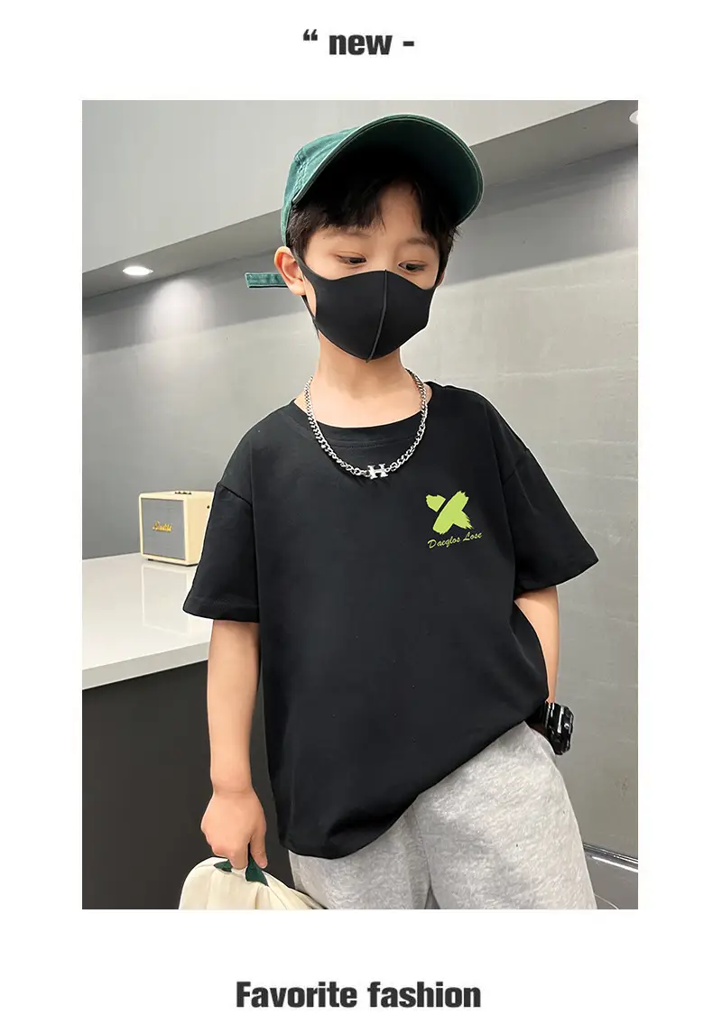 Boys Black Graphic Cotton T-Shirt Loose Fit Summer Casual — feature 9