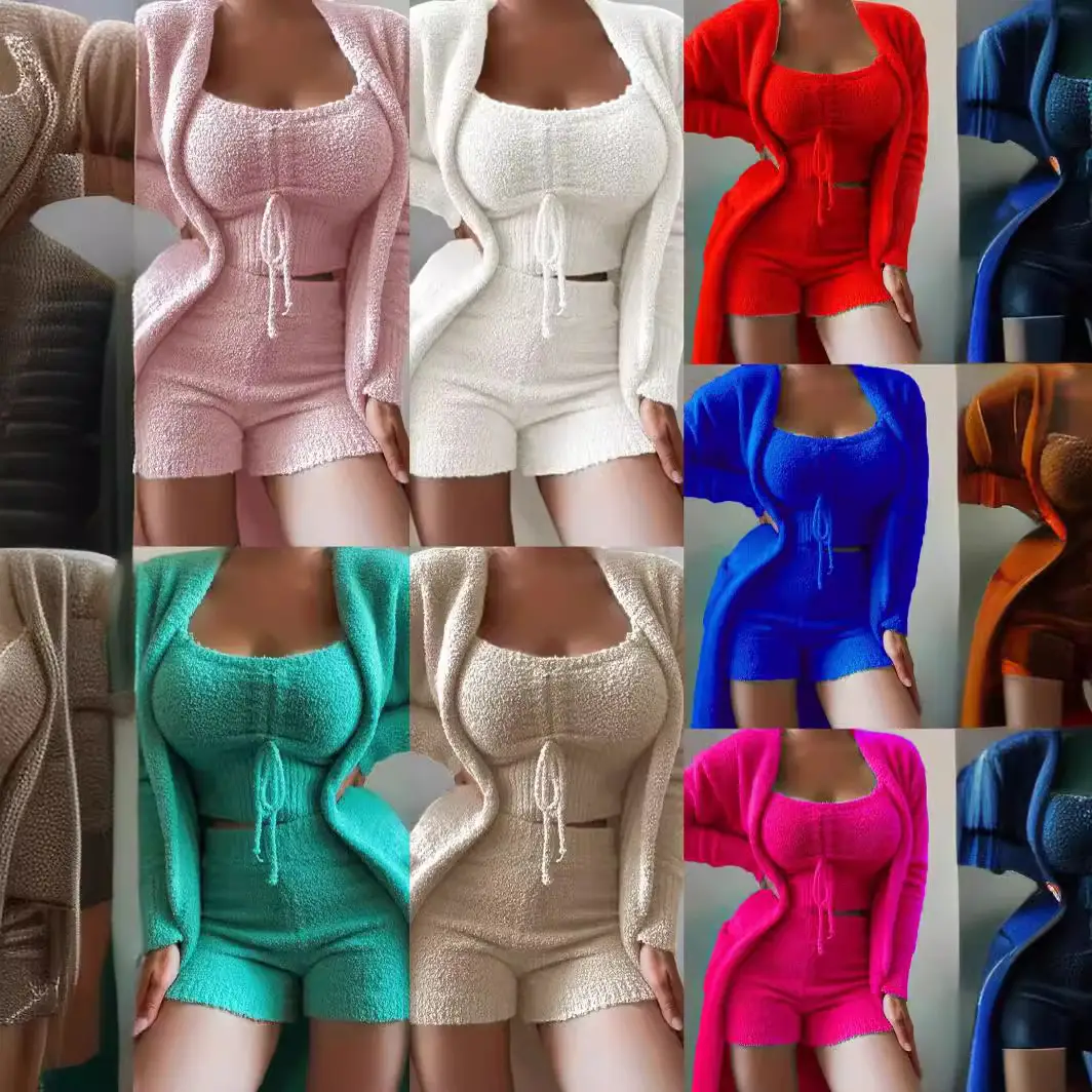 White Plush Three-Piece Lace-Up Pajamas Set for Women - Image 19