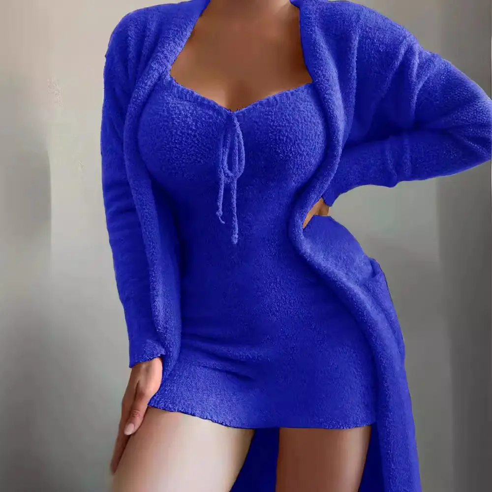 White Plush Three-Piece Lace-Up Pajamas Set for Women - Image 20