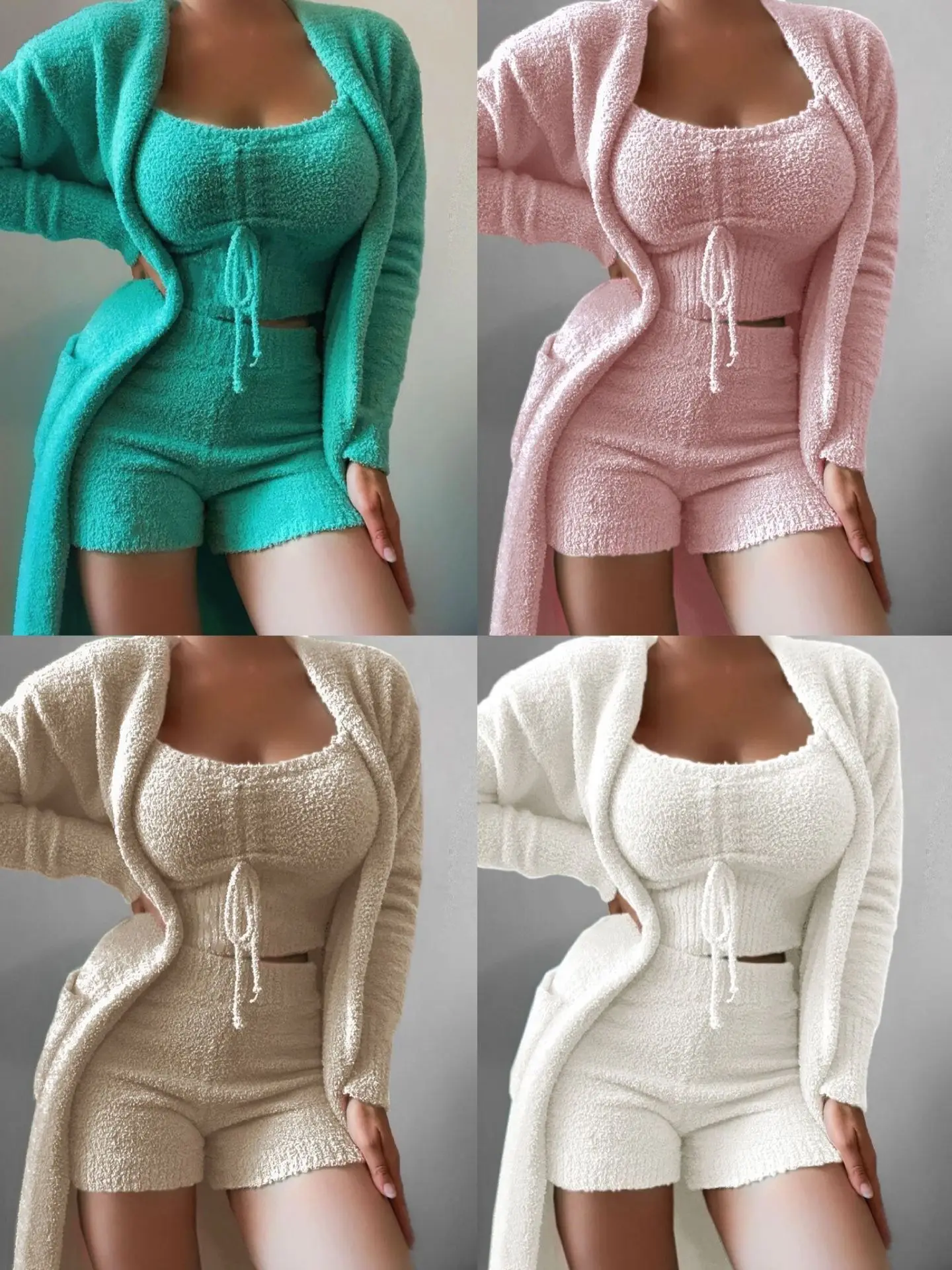 White Plush Three-Piece Lace-Up Pajamas Set for Women — feature 53