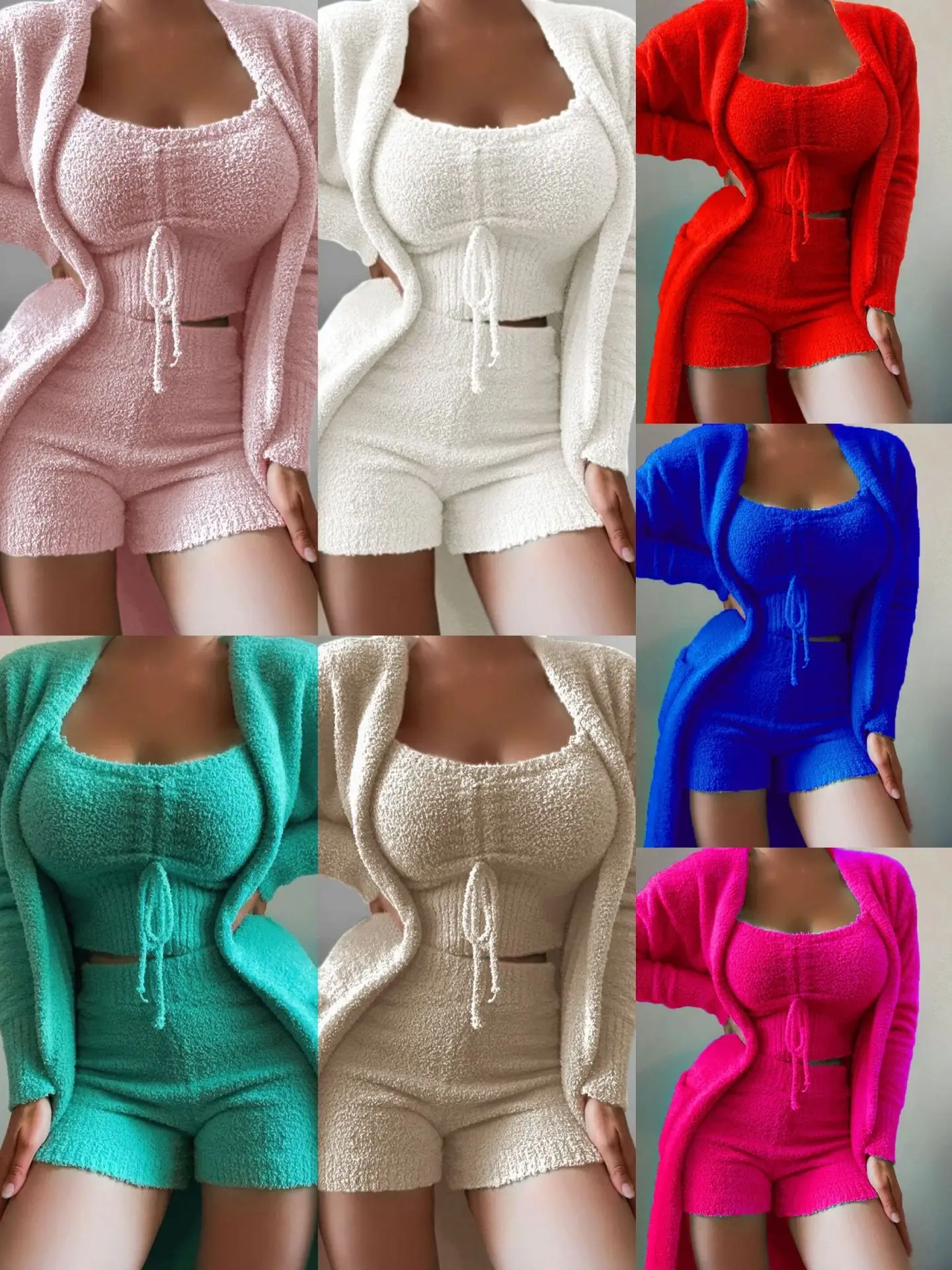 White Plush Three-Piece Lace-Up Pajamas Set for Women — feature 64