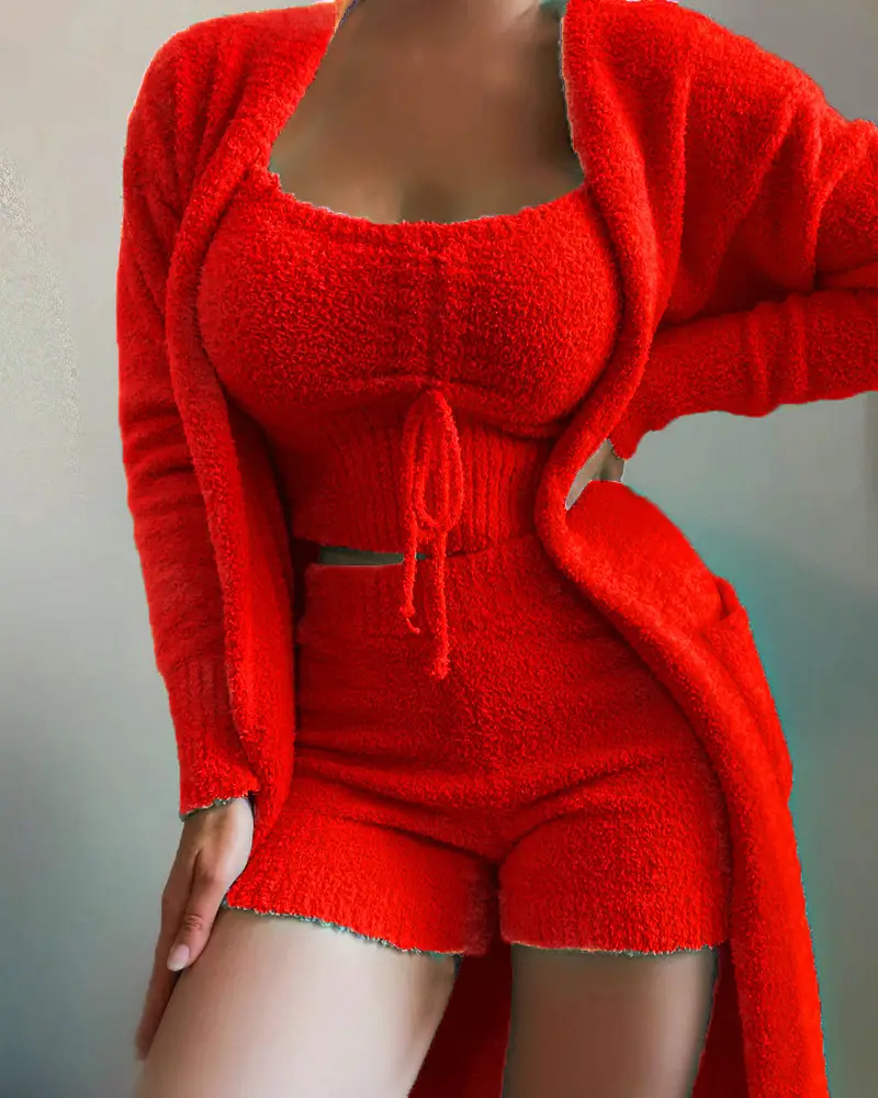 White Plush Three-Piece Lace-Up Pajamas Set for Women - Image 7