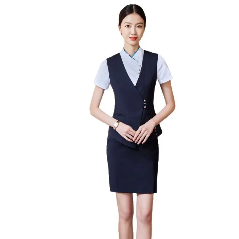 Professional Women's Vest Suit Navy White Short Sleeve - Image 5