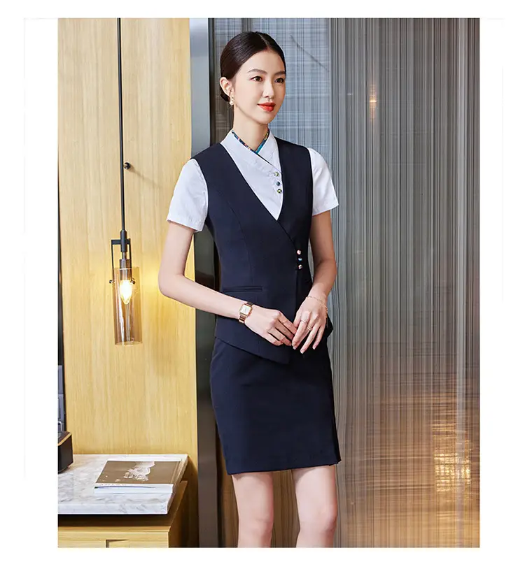 Professional Women's Vest Suit Navy White Short Sleeve — feature 12
