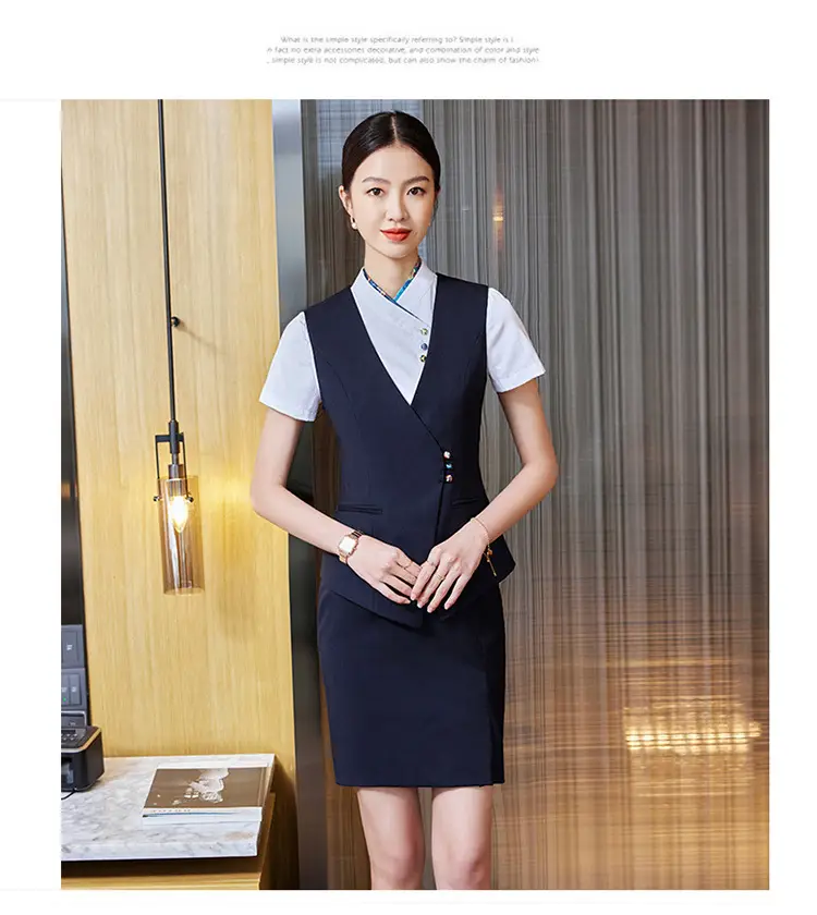 Professional Women's Vest Suit Navy White Short Sleeve — feature 13