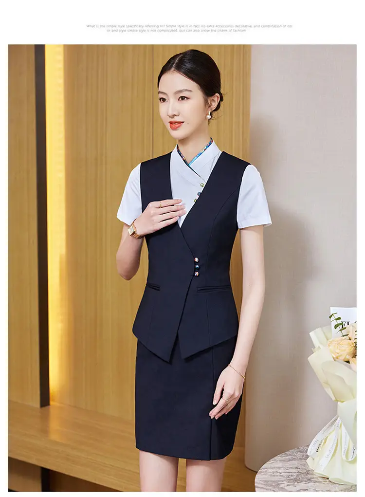 Professional Women's Vest Suit Navy White Short Sleeve — feature 14