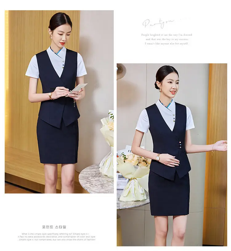 Professional Women's Vest Suit Navy White Short Sleeve — feature 15
