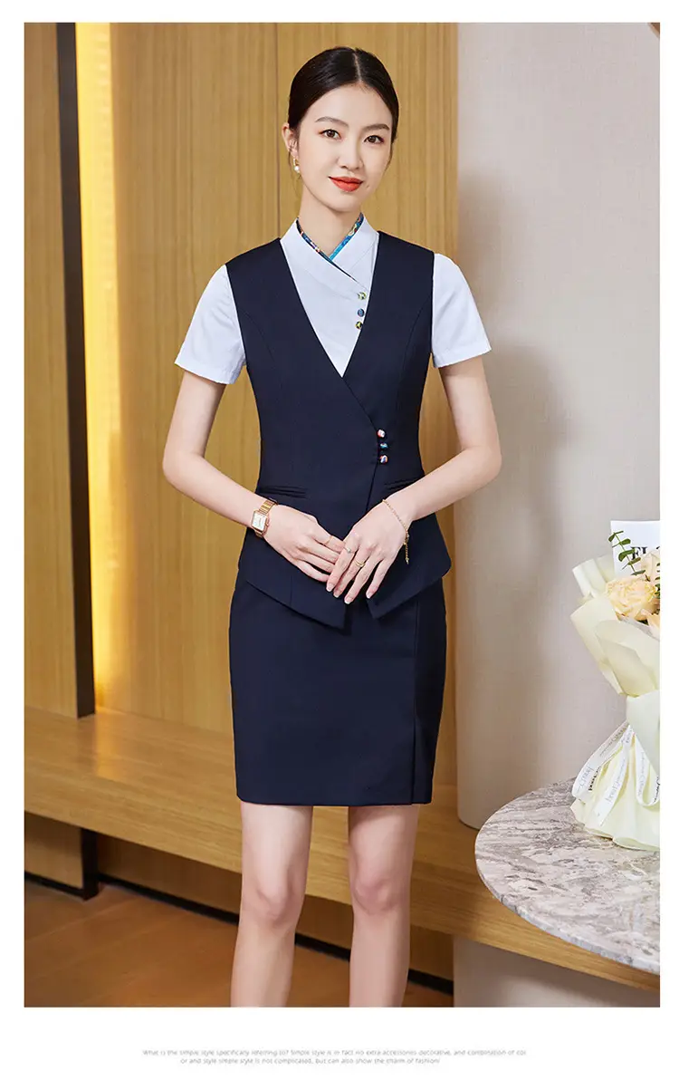 Professional Women's Vest Suit Navy White Short Sleeve — feature 16
