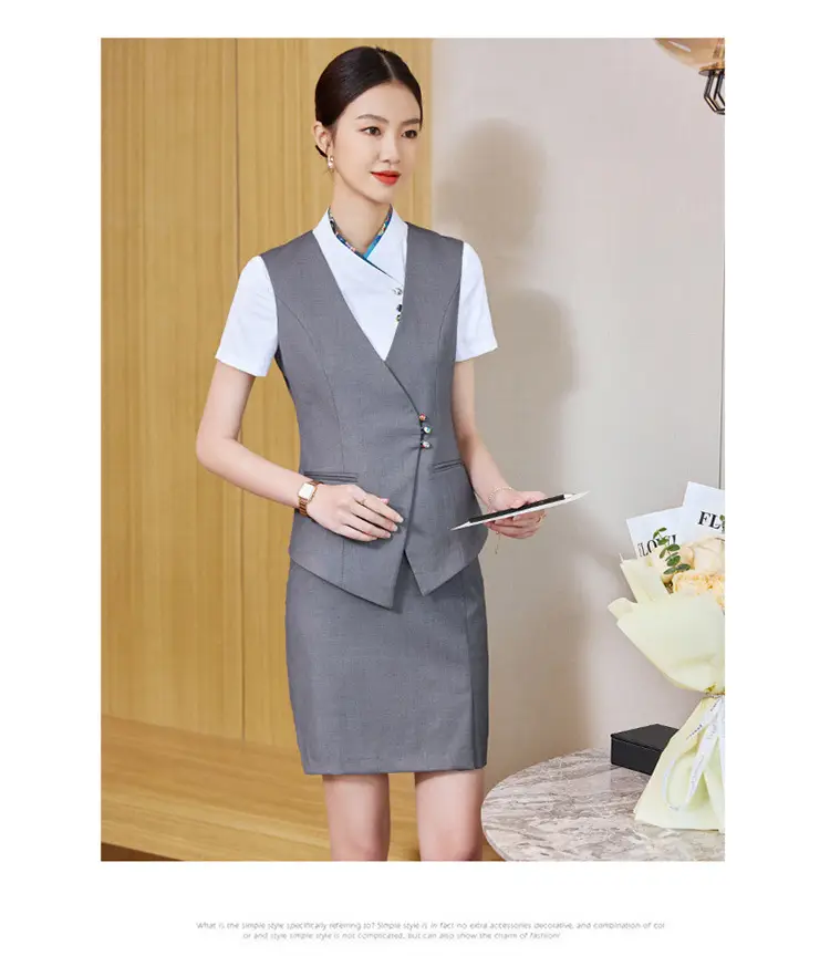 Professional Women's Vest Suit Navy White Short Sleeve — feature 19