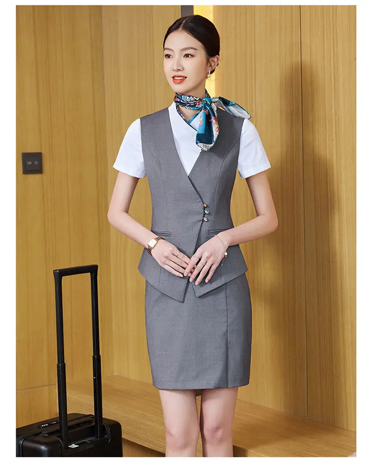 Professional Women's Vest Suit Navy White Short Sleeve — feature 20