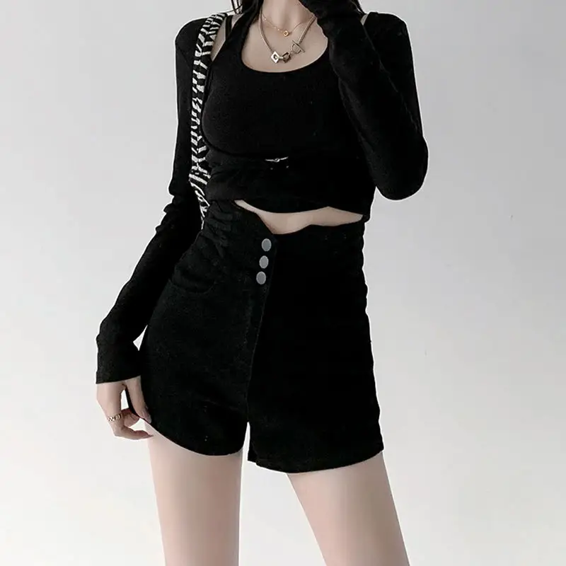 Black Elastic Denim Shorts with Buckle Cross Slim Fit - Image 3