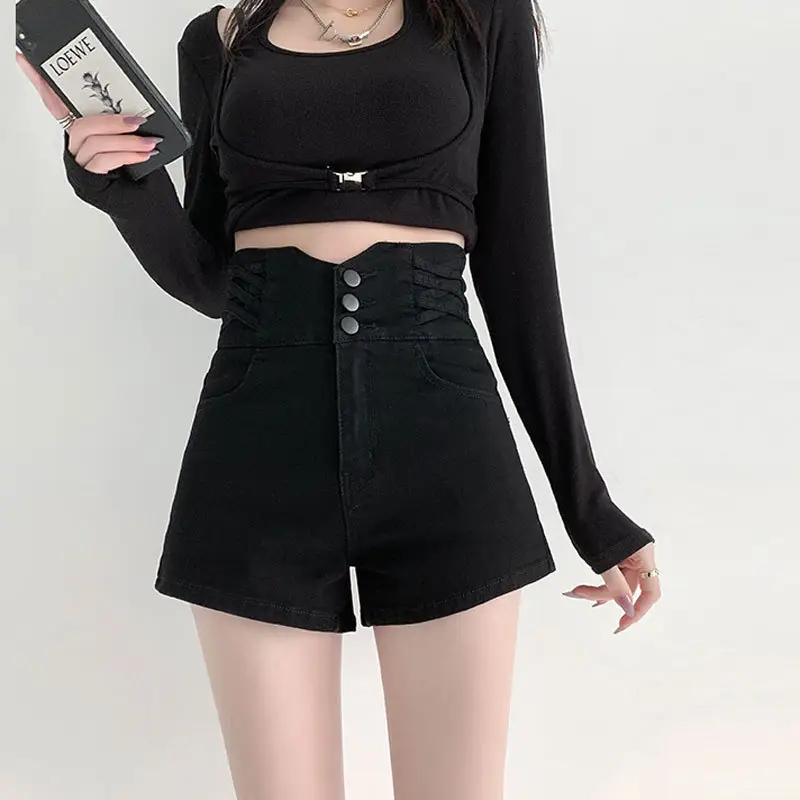 Black Elastic Denim Shorts with Buckle Cross Slim Fit - Image 4