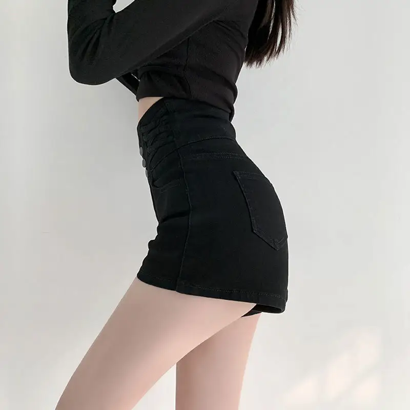 Black Elastic Denim Shorts with Buckle Cross Slim Fit - Image 5