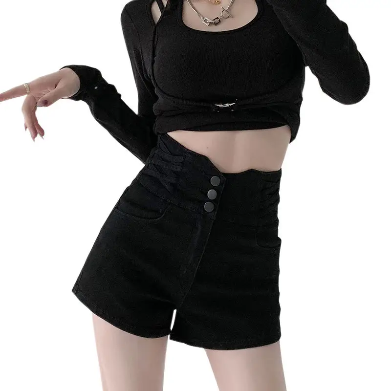 Black Elastic Denim Shorts with Buckle Cross Slim Fit - Image 6