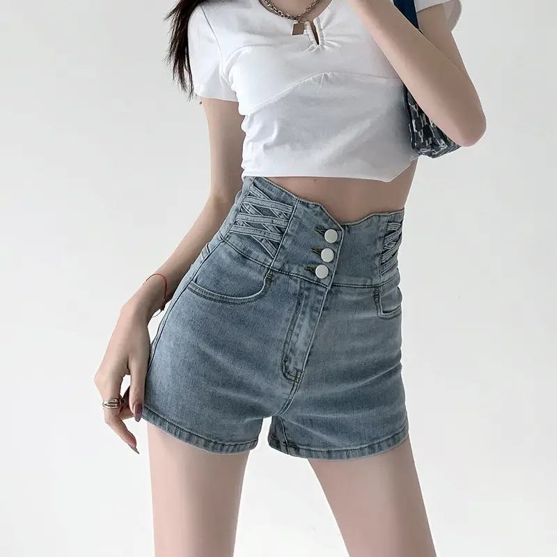 Black Elastic Denim Shorts with Buckle Cross Slim Fit - Image 2