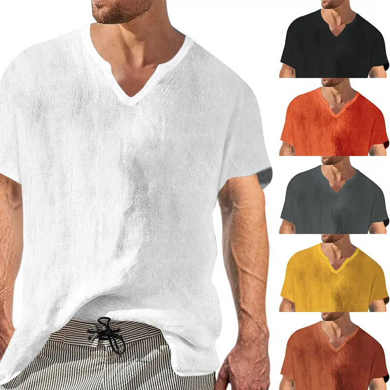 Men V-neck Linen T-Shirt Black Casual Summer - Image 7