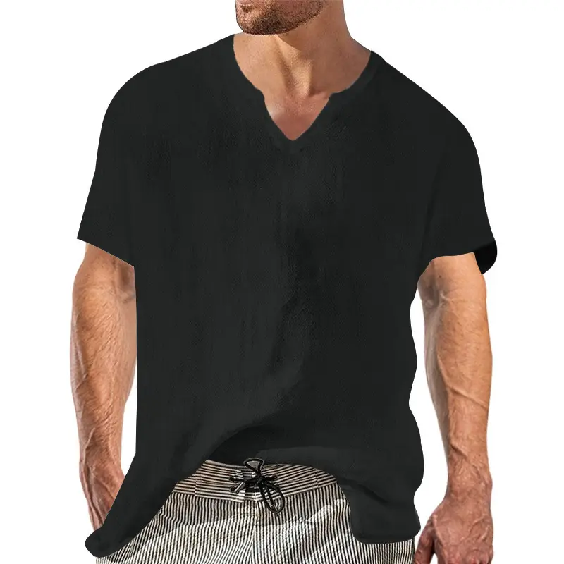 Men V-neck Linen T-Shirt Black Casual Summer - Image 3