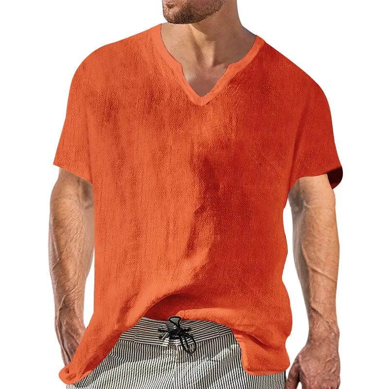 Men V-neck Linen T-Shirt Black Casual Summer - Image 2