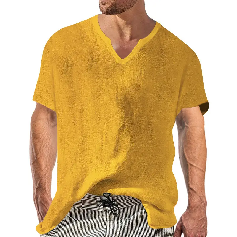 Men V-neck Linen T-Shirt Black Casual Summer - Image 4