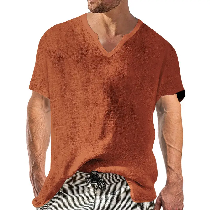 Men V-neck Linen T-Shirt Black Casual Summer - Image 5