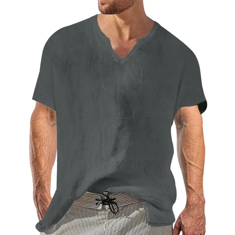 Men V-neck Linen T-Shirt Black Casual Summer - Image 6