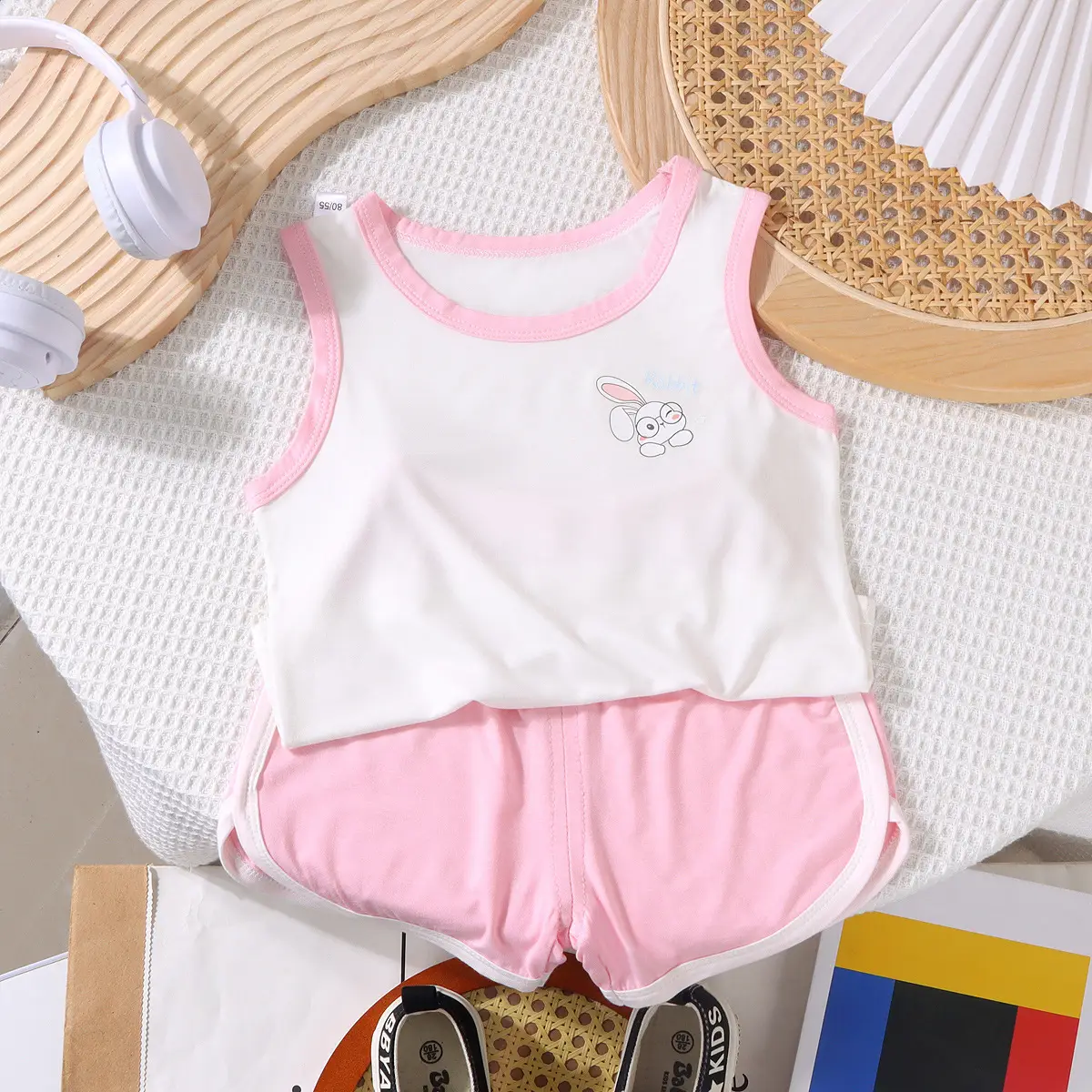Baby Sleeveless Vest & Shorts Set White Navy Modal - Image 6