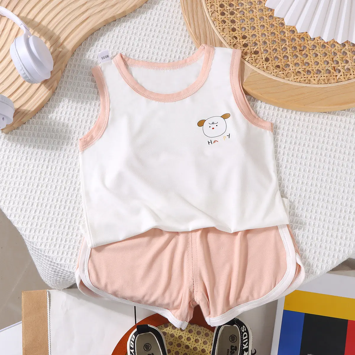 Baby Sleeveless Vest & Shorts Set White Navy Modal - Image 3