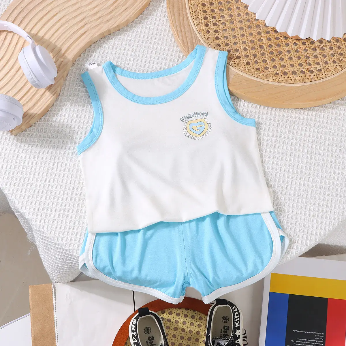Baby Sleeveless Vest & Shorts Set White Navy Modal - Image 4