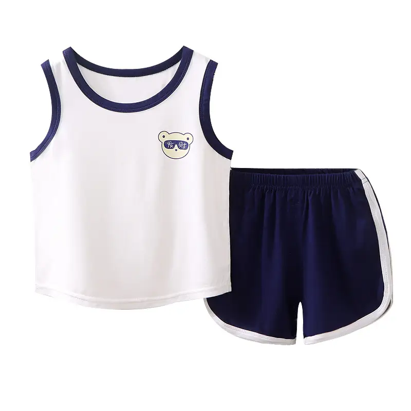 Baby Sleeveless Vest & Shorts Set White Navy Modal - Image 8