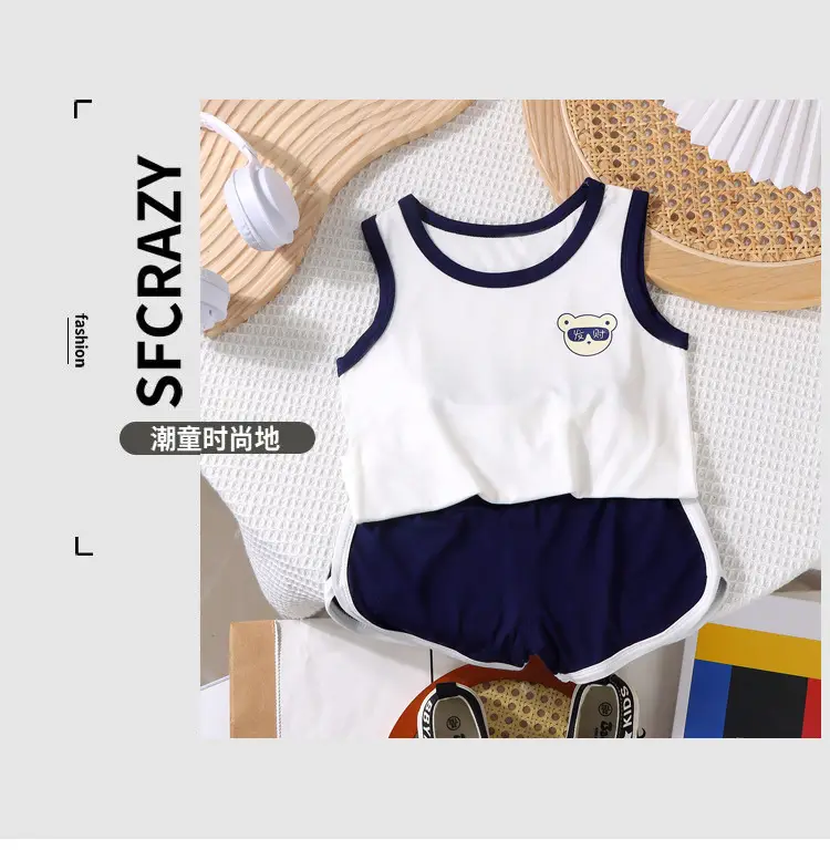Baby Sleeveless Vest & Shorts Set White Navy Modal — feature 1