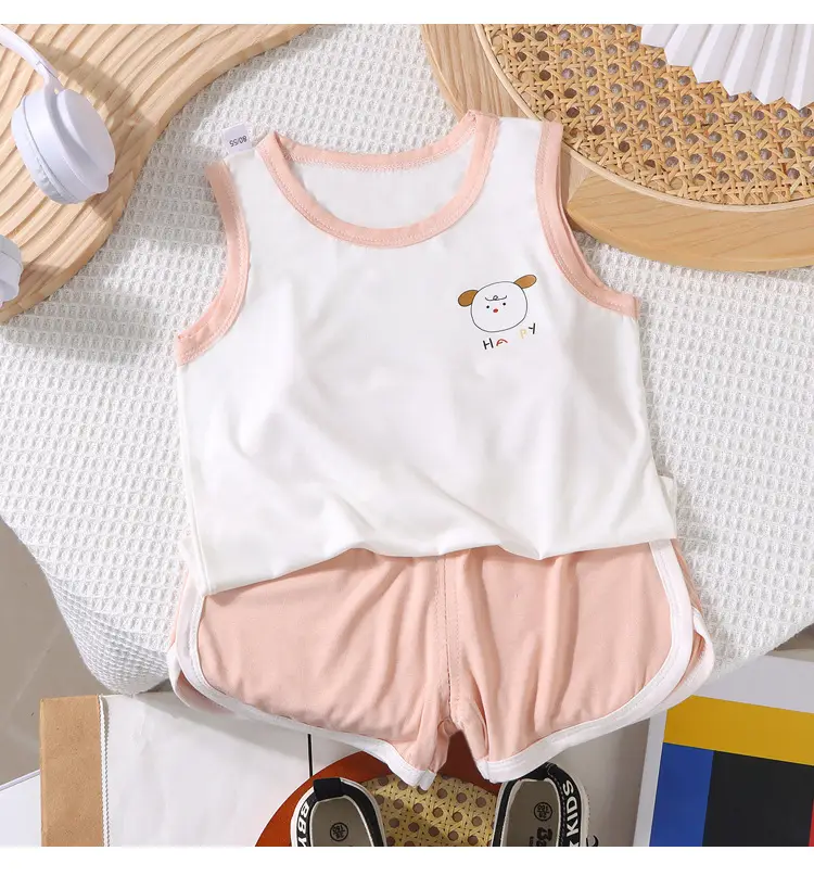 Baby Sleeveless Vest & Shorts Set White Navy Modal — feature 11