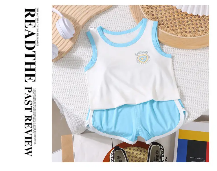 Baby Sleeveless Vest & Shorts Set White Navy Modal — feature 12