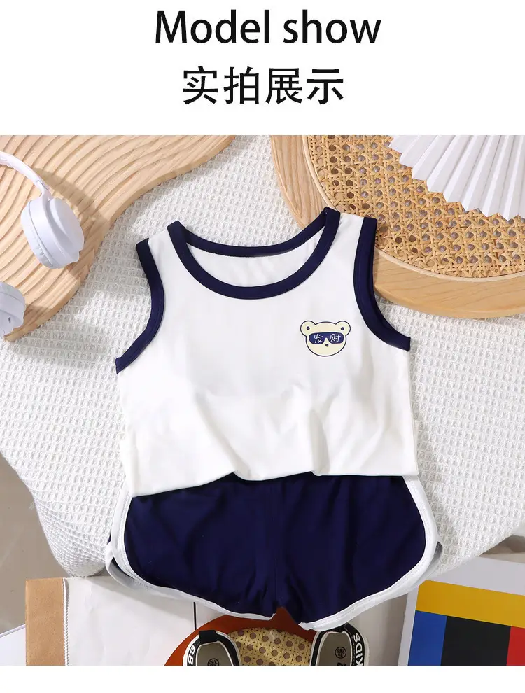 Baby Sleeveless Vest & Shorts Set White Navy Modal — feature 8