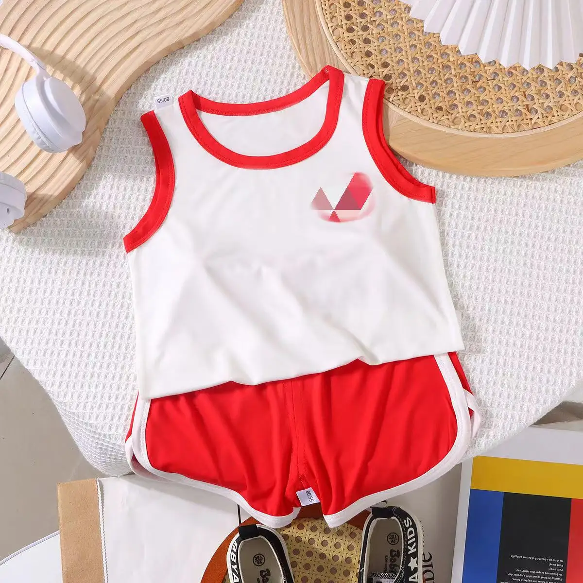 Baby Sleeveless Vest & Shorts Set White Navy Modal - Image 2