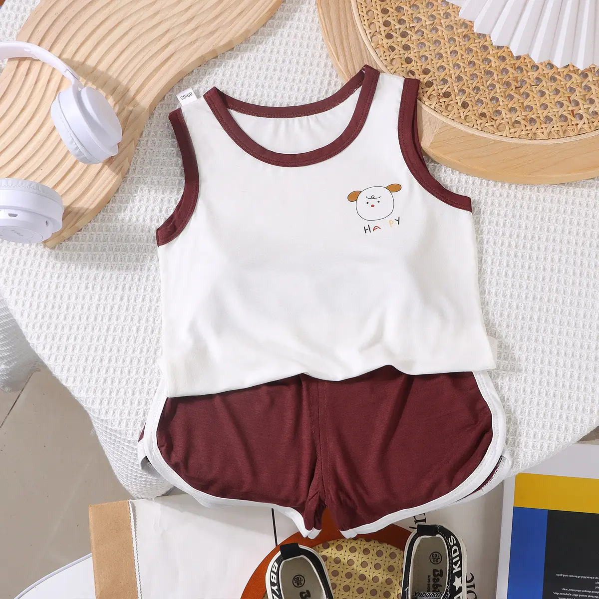 Baby Sleeveless Vest & Shorts Set White Navy Modal - Image 5