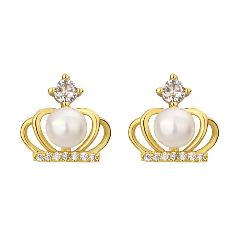 Korean Women Crown Zircon Pearl Earrings Gold Plated - Image 5