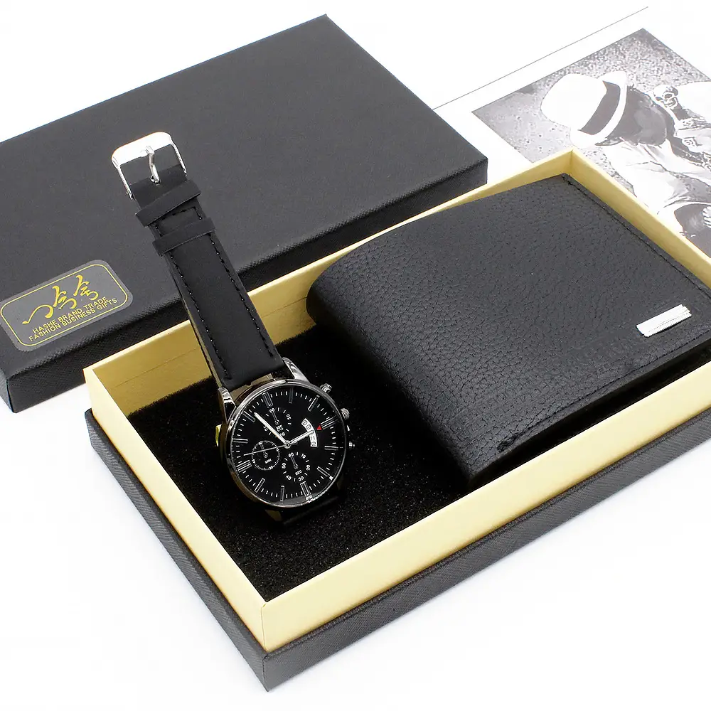 Men's Black Leather Watch & Wallet Set - Image 2