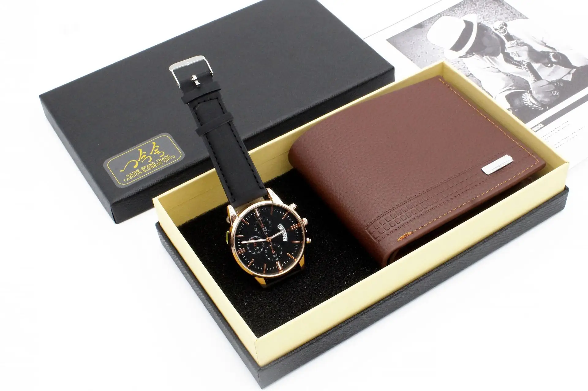 Men's Black Leather Watch & Wallet Set — feature 8