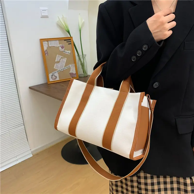 Women's Canvas Tote Bag Black White Striped Large Capacity - Image 4