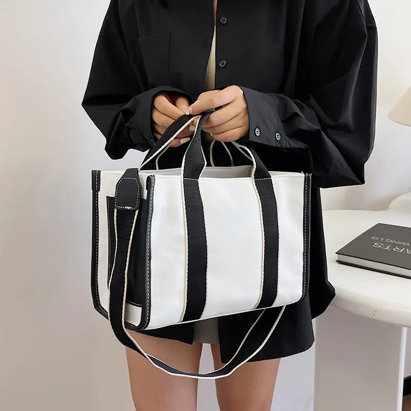 Women's Canvas Tote Bag Black White Striped Large Capacity - Image 5