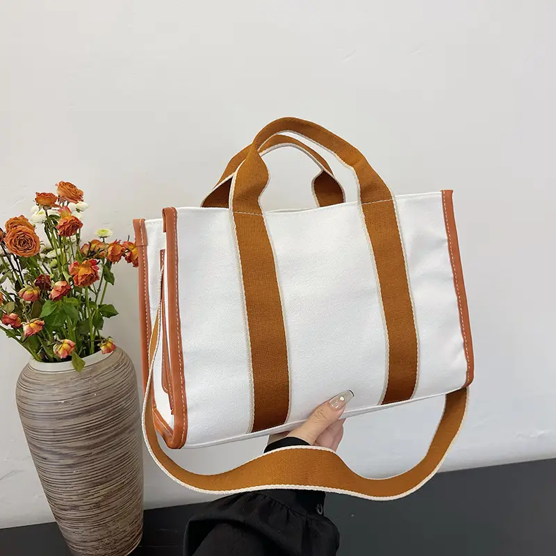 Women's Canvas Tote Bag Black White Striped Large Capacity - Image 6