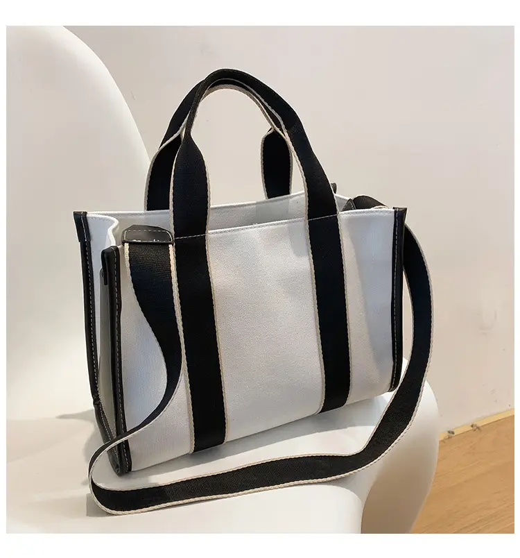 Women's Canvas Tote Bag Black White Striped Large Capacity — feature 10