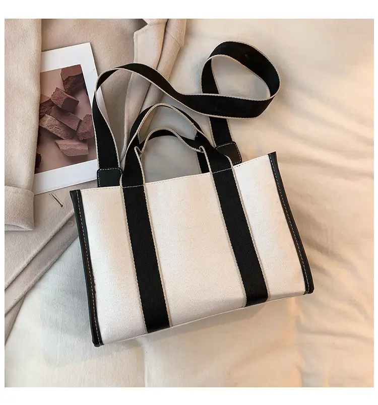 Women's Canvas Tote Bag Black White Striped Large Capacity — feature 11