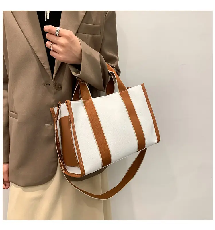 Women's Canvas Tote Bag Black White Striped Large Capacity — feature 12